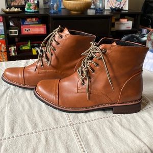 Women’s size 8.5, Brown/Tan patent leather boots. Never Worn.